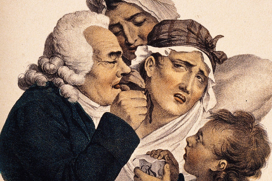 A physician administers leeches to a patient. Colour reproduction of a lithograph by F-S. Delpech after L. Boilly, 1827.