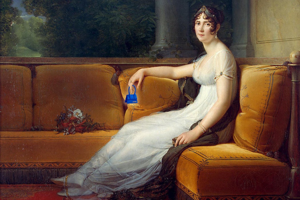 Empress Joséphine holding a Jacquemus Mini Le Chiquito handbag