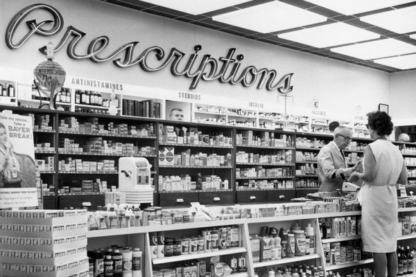 Interior of a drug store in the 1950s