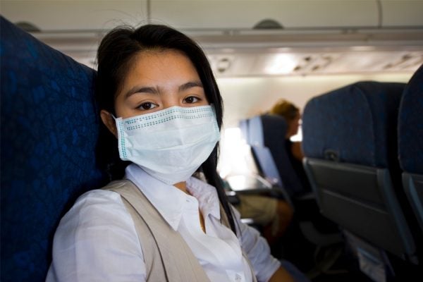 A woman with a protective mask in a plane