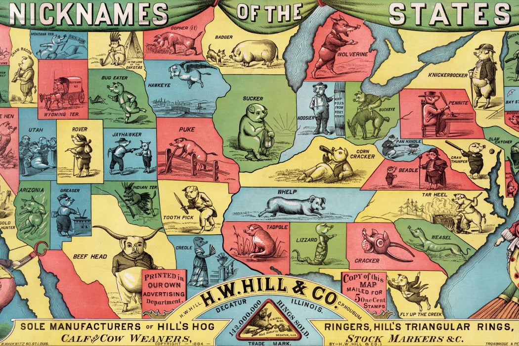 Map of the United States showing the state nicknames as hogs, 1884