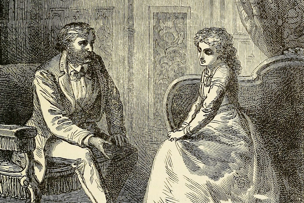 An illustration of Mormon leader James Strang speaking with a Mormon woman