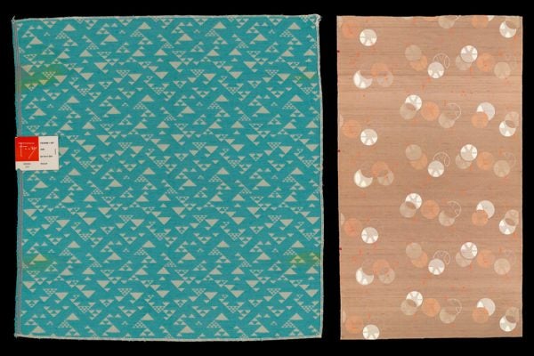 Design 513, Damask, 1956 and Design 104, Printed Silk and Fortisan Casement [curtain fabric], 1955, by Frank Lloyd Wright