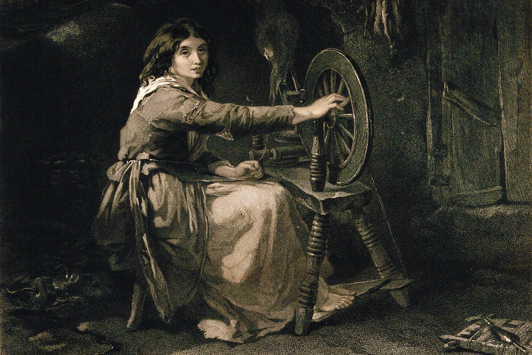 A young Irish woman working at a spinning wheel. Engraving by Francis Holl