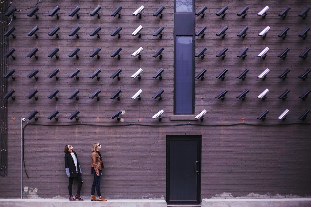 A wall of security cameras in Toronto, Canada