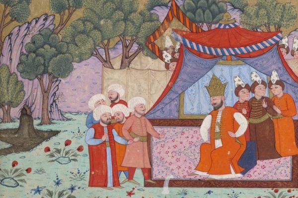 Rustam captures the King of Mâzandarân and takes him before the tent of Kay Kâ'ûs.