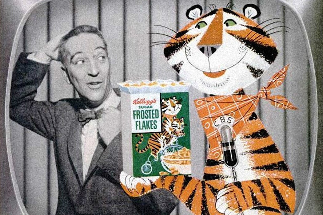 television personality Garry Moore and Kellogg's cereal character Tony the Tiger from a 1955 Kellogg's ad.