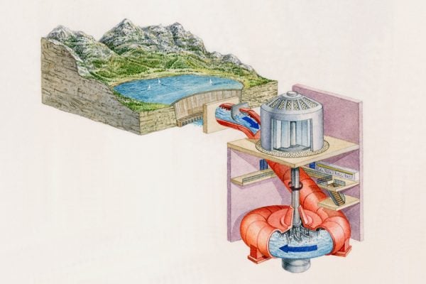 Illustration of reservoir in Austrian mountains supplying water for storage in hydroelectric turbines
