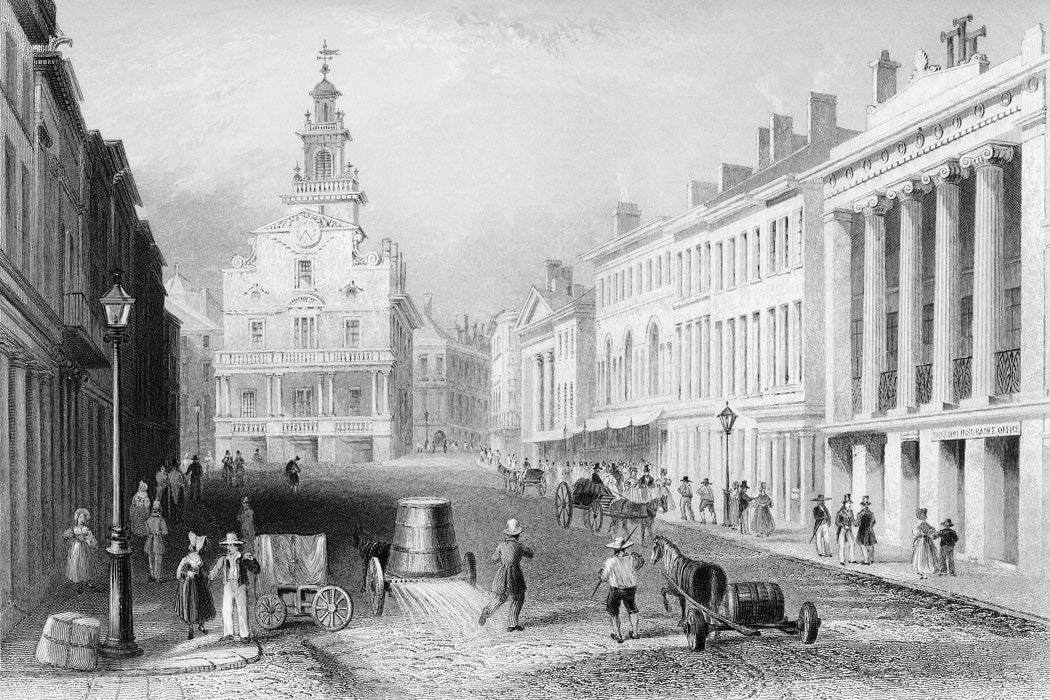 Antique engraving of a view of the State Street, Boston. Mid 1800s.