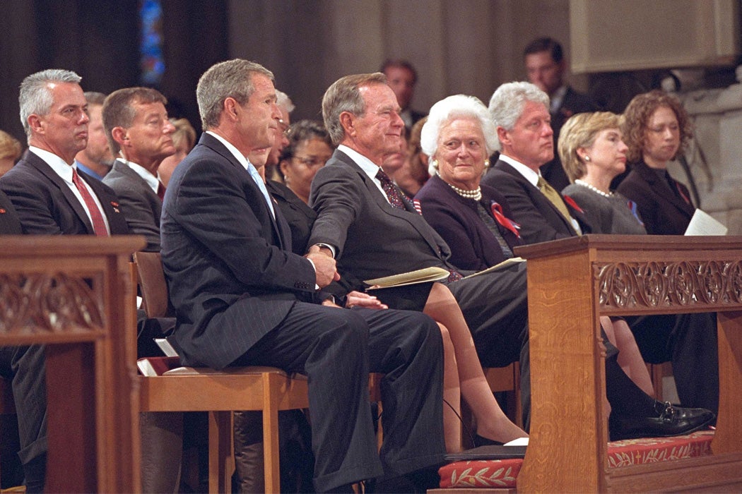 George W. Bush, George H.W. Bush, Barbara Bush. Bill Clinton, Hillary Clinton and Chelsea Clinton at at the National Cathedral in Washington, DC.