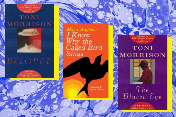 The covers for "The Bluest Eye" and "Beloved" by Toni Morrison and "I Know Why the Caged Bird Sings" by Maya Angelou