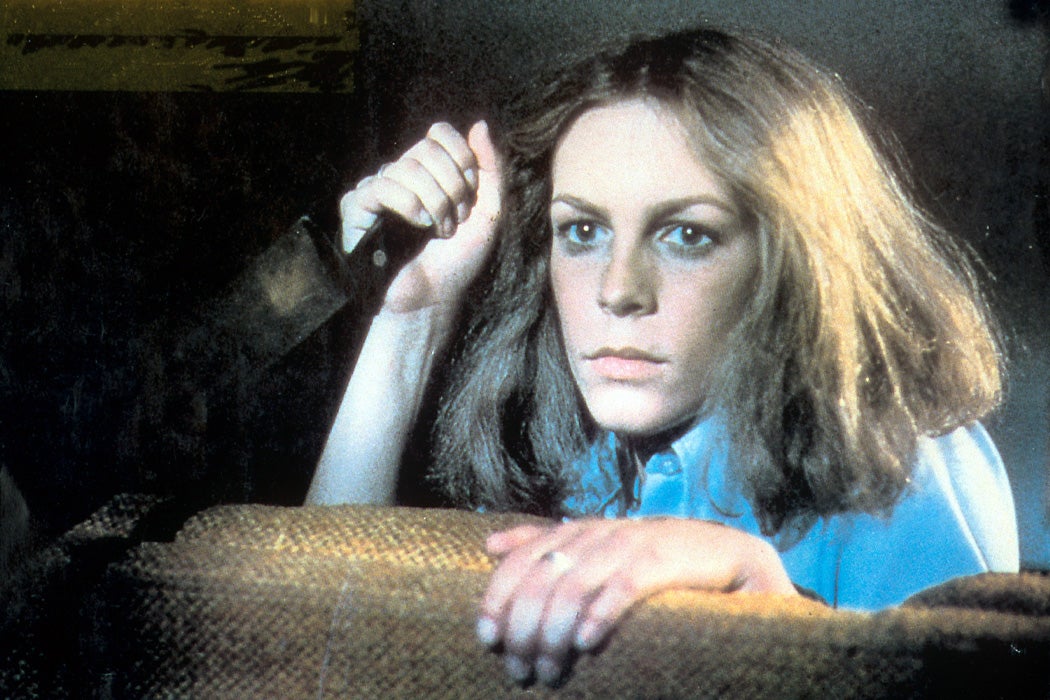 Jamie Lee Curtis holds a knife in a scene from the film 'Halloween', 1978