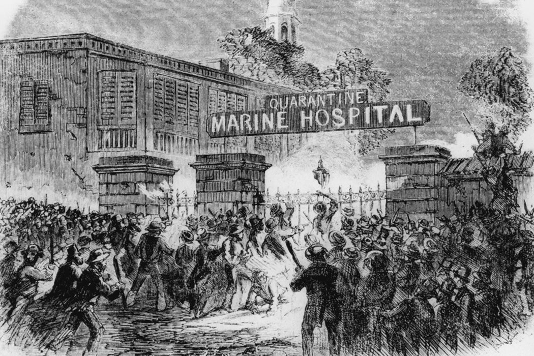 Illustration: A mob attacking the Quarantine Marine Hospital in New York because they believed that its use was responsible for the numerous yellow fever epidemics. Original Publication: Harper's Weekly - pub. 1858 (Photo by Hulton Archive/Getty Images)

Source: Getty