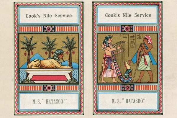 An advertisement for 'Cook's Nile Service', a cruise on the Express Steamer 'MS Hatasoo' run by Thomas Cook & Son Ltd., circa 1900.