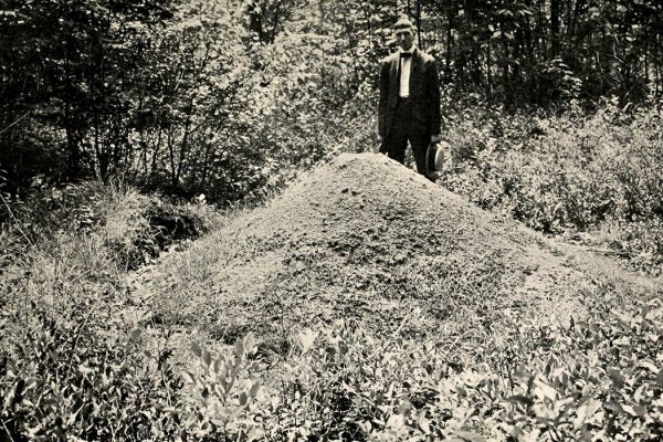A man standing before a large ant hill
