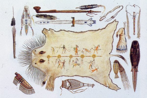 A collection of Native American utensils and weapons