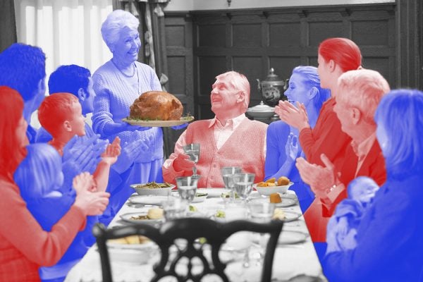 A family around a thanksgiving dinner table, colored red and blue
