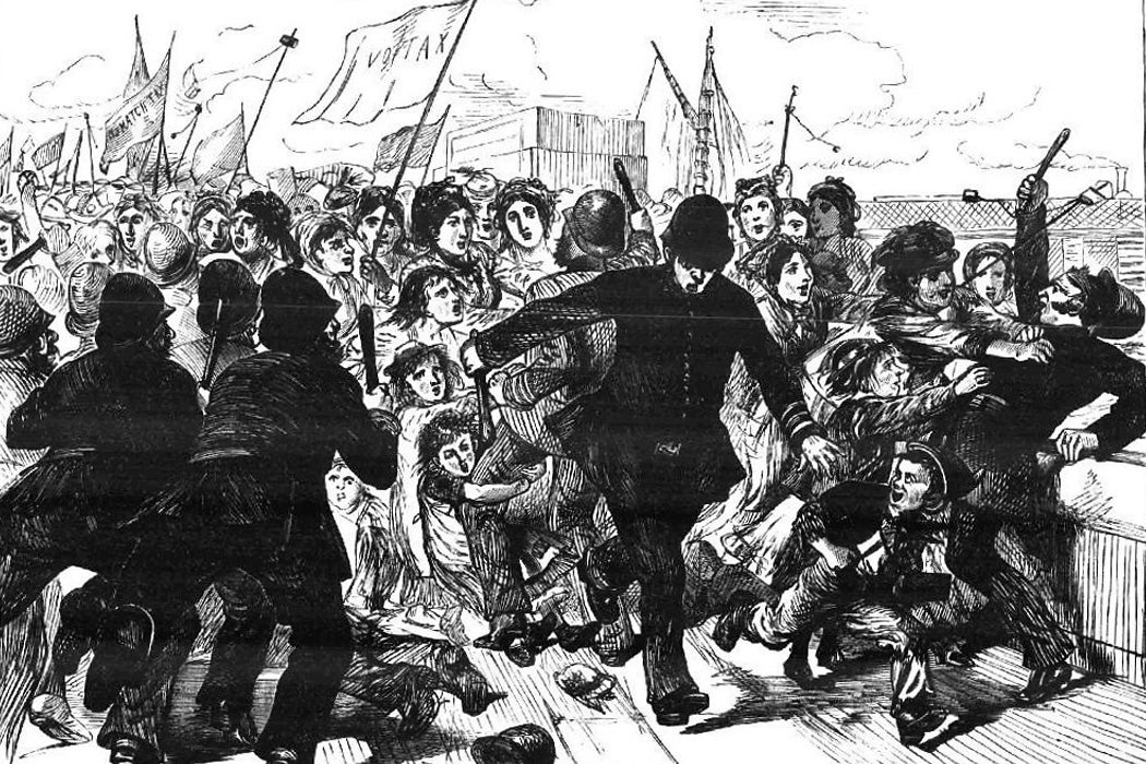Cartoon showing police brutality against the match makers' demonstration, 1871