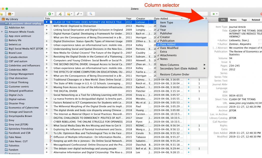 location of column selector button in Zotero