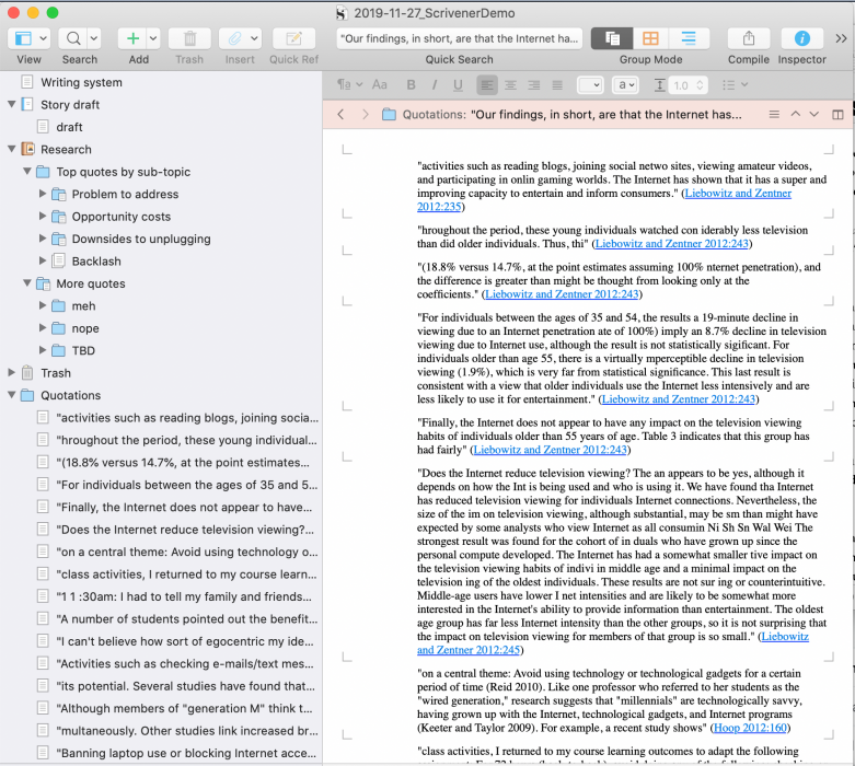 Scrivener view with quotation folders in left-hand binder and full quotations visible in main window