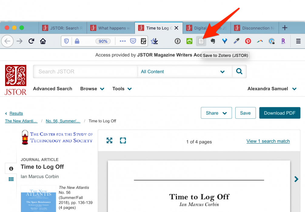 Save to Zotero button shown in browser bar