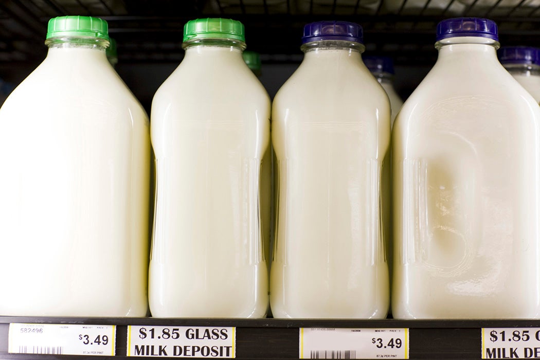 Milk in glass jugs at a supermarket
