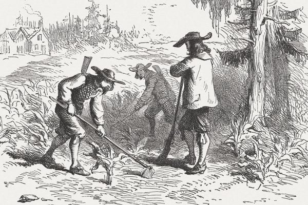 Black and white drawing of settlers in South Carolina in 1670