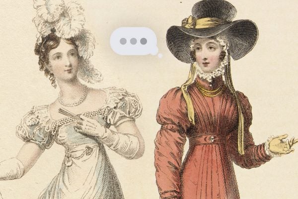 An illustration depicting two regency-era women speaking with an iMessage bubble