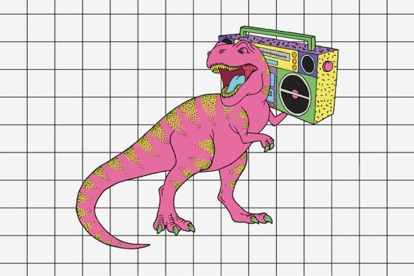 A cartoon of a T Rex holding a boom box