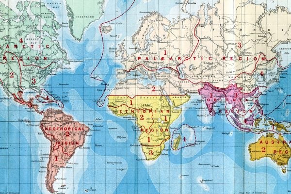 World map showing the zoogeographical regions by Alfred Russel Wallace