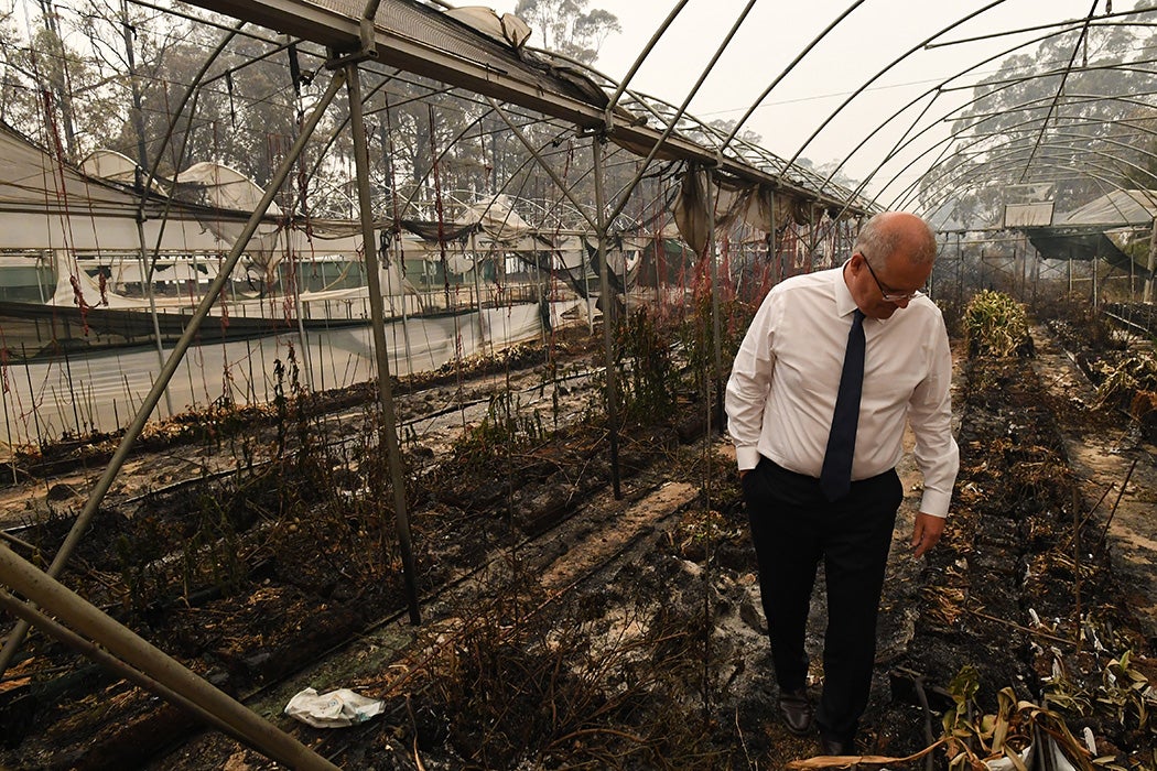 Prime Minister Scott Morrison tours the Wildflower farm owned by Paul and Melissa Churchman on January 3, 2020 in Sarsfield, Victoria, Australia.