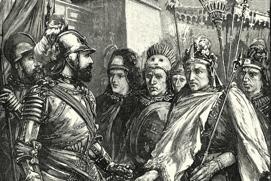 Hernan Cortes, Spanish Conquistador meeting Moctezuma II Aztec Emperor