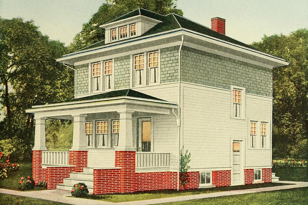950's illustration of the exterior of a two story suburban home