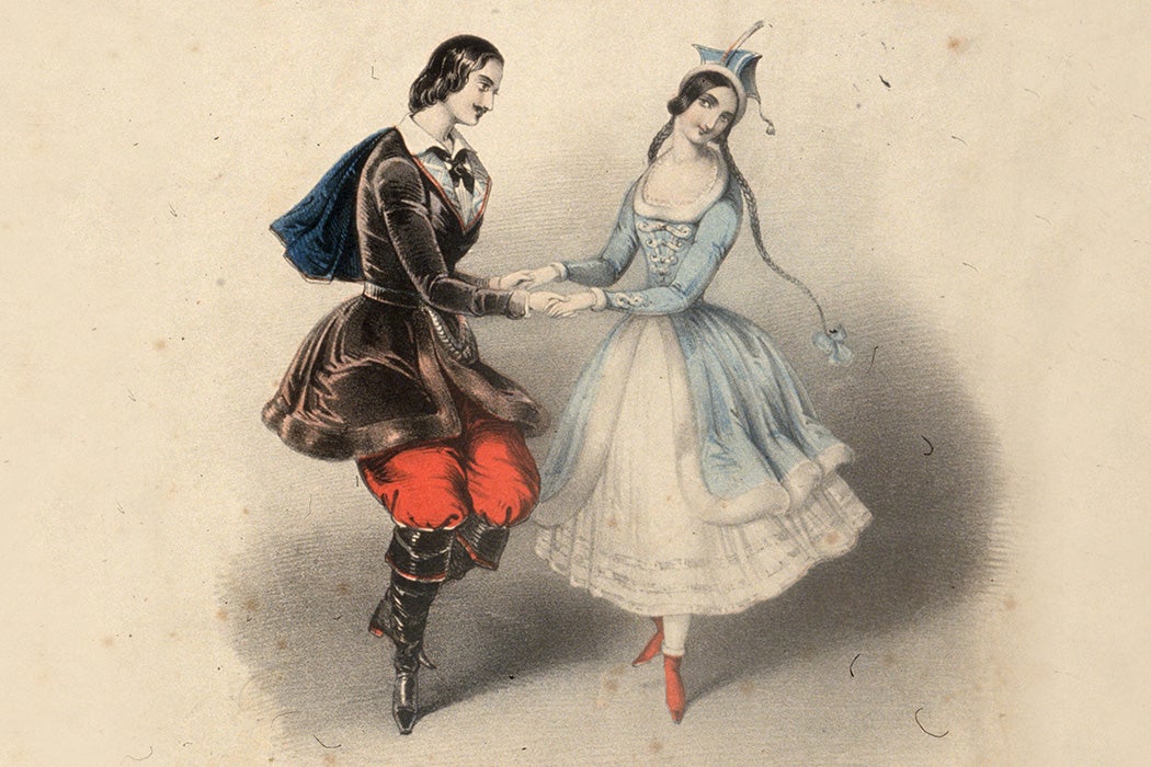 A moustachioed young man and a girl in long braids dance the 'original polka' on page one of 'Jullien's Celebrated Polkas', dedicated to Mr E Coulon.