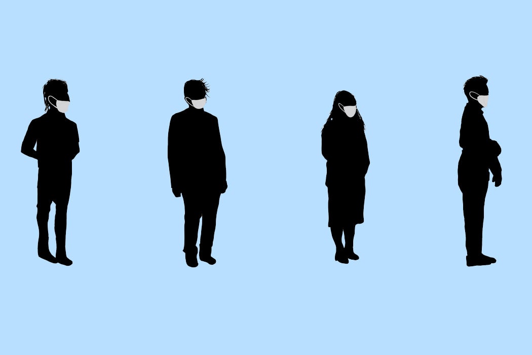 Silhouettes of people in a line wearing masks and practicing social distancing