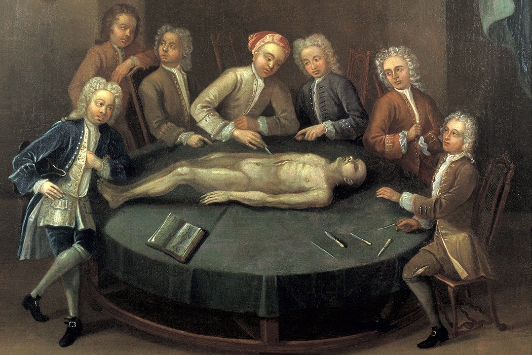 William Cheselden giving an anatomical demonstration to six spectators in the anatomy-theatre of the Barber-Surgeons' Company, London, c. 1730