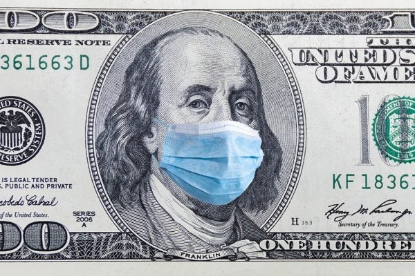 A 100 dollar banknote with medical mask.