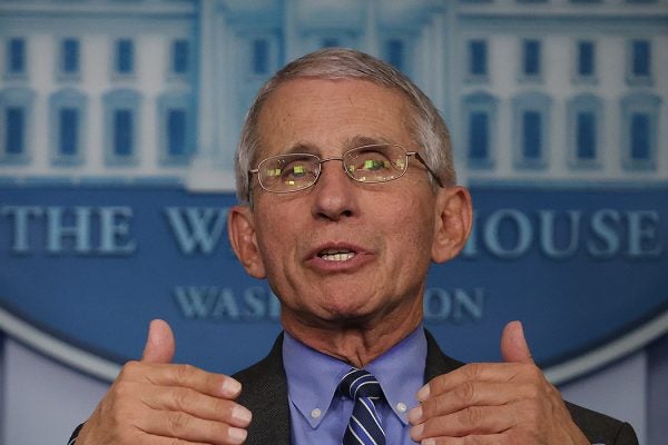 Dr. Anthony Fauci speaks to reporters following a meeting of the coronavirus task force at the White House on April 6, 2020
