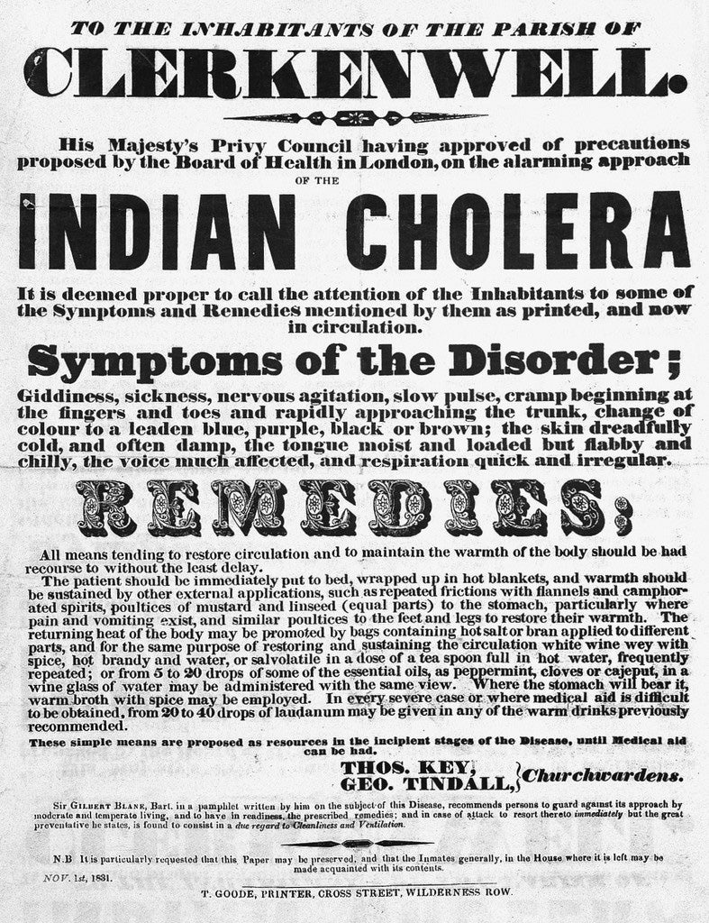 Broadsheet warning about Indian cholera symptons and recommending remedies, issued in Clerkenwell, London, by Thos. Key and Geo. Tindall: Church wardens. London, 1831.