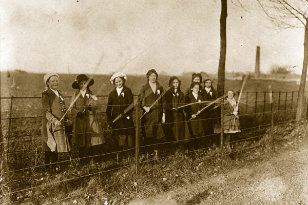 Girls' Beating the Bounds' at a fence near St Albans in Hertfordshire, 1913