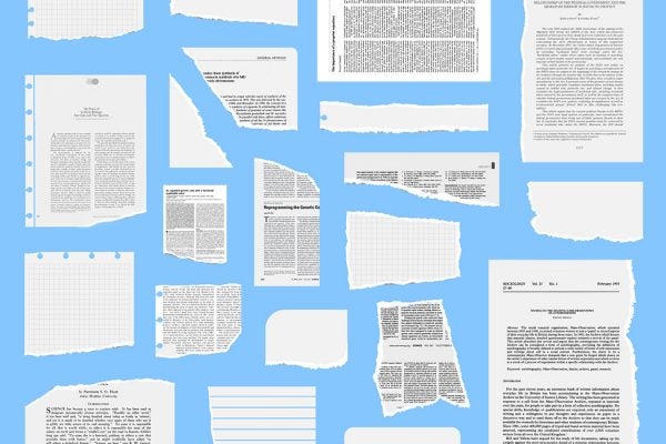A series of torn up academic papers against a blue background