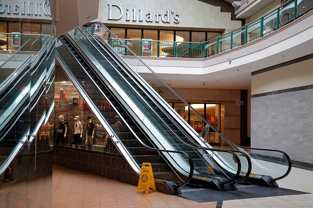 A view of an empty escalator at Arbor Place Mall on May 04, 2020 in Douglasville, Georgia. 