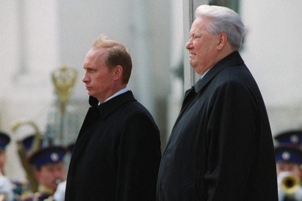 Russian President Vladimir Putin, left, and former Russian President Boris Yeltsin attend an inauguration ceremony for Putin May 7, 2000 in the Kremlin in Moscow.