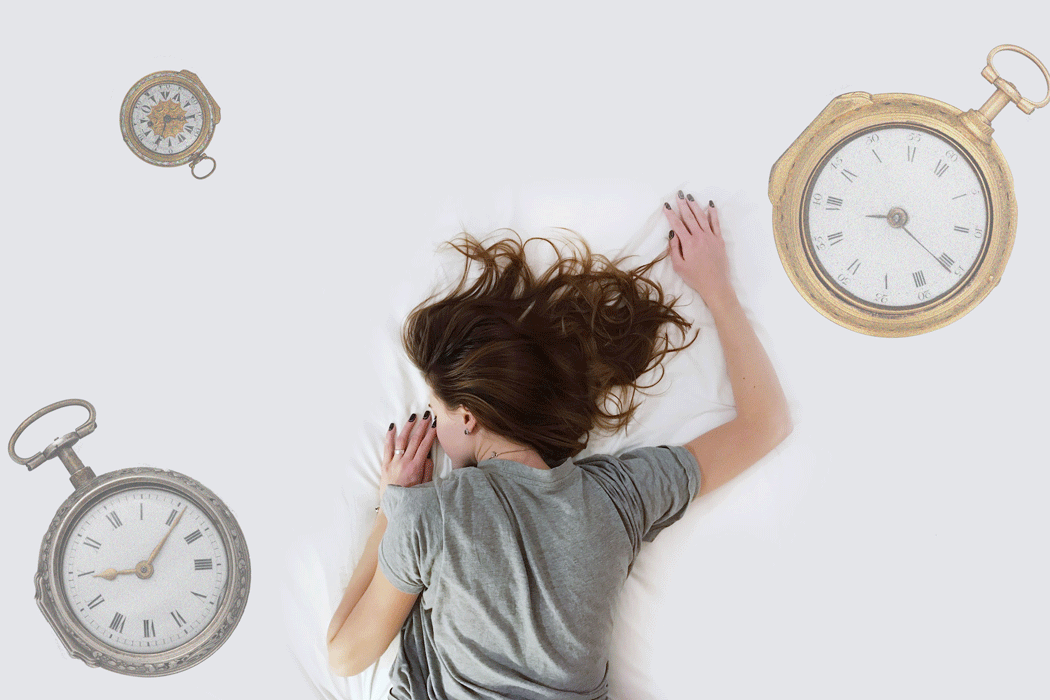 Gif og a woman alseep on a white sheet with clocks blinking in and out of sight