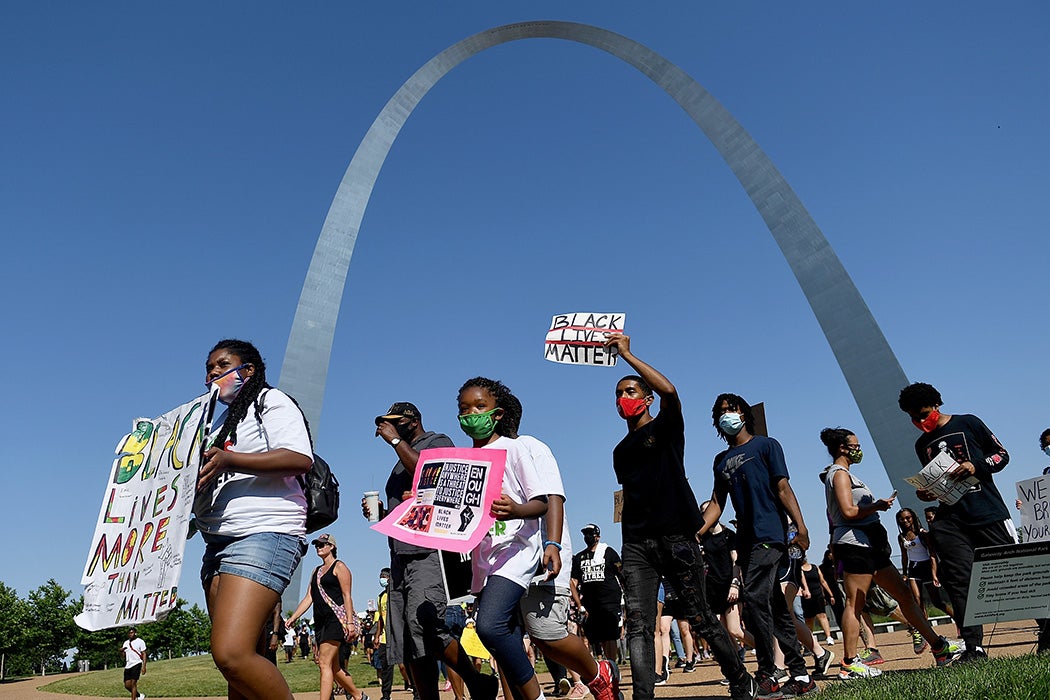 Young protestors take to the street to protest against police brutality on June 14, 2020 in St. Louis, Missouri.