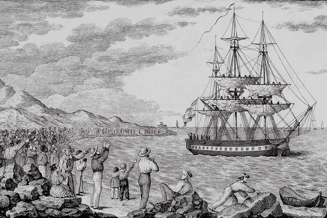 The ship María Pita departing from Coruña in 1803, engraved by Francisco Pérez