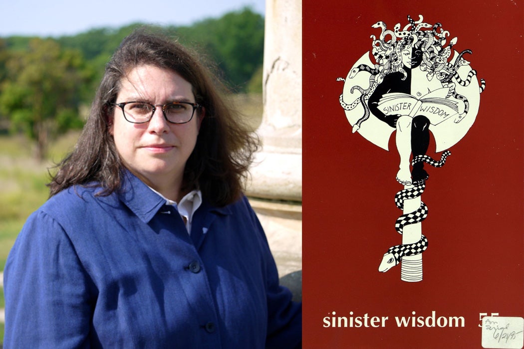 Julie Enszer and the cover of issue 55 of Sinister Wisdom