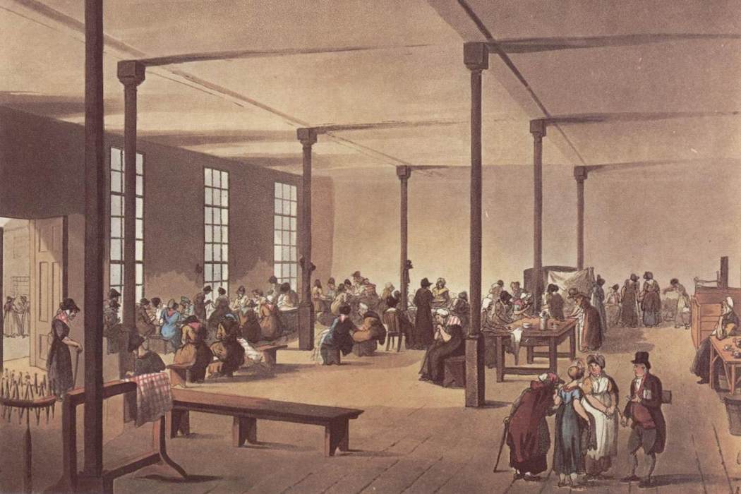 The workroom at St James's workhouse" from The Microcosm of London (1808)