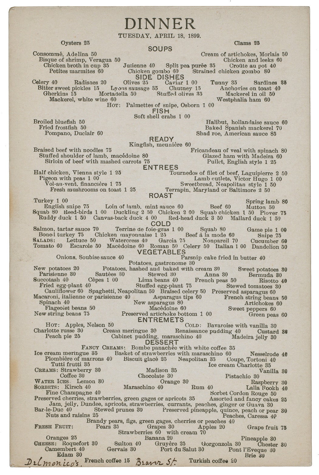 A menu from Delmonico's, 1899