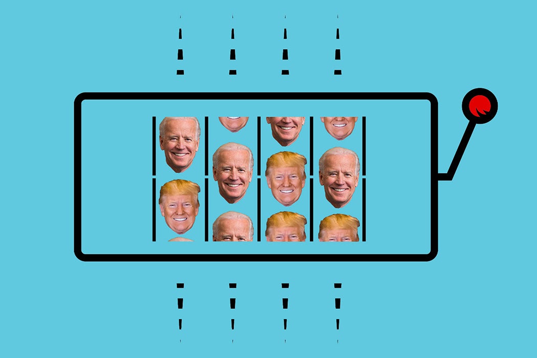 A slot machine featuring the faces of Donald Trump and Joe Biden
